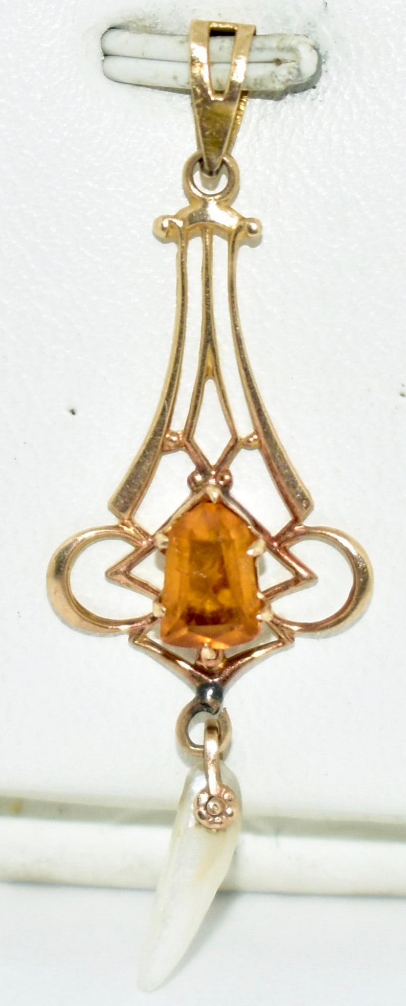 Antique 10K Citrine /& Houndstooth Pearl Lavaliere Pendant