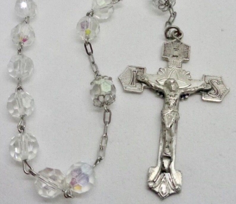 Vintage Chapel Sterling Silver Crystal Beads Crucifix Cross Mary Rosary Necklace