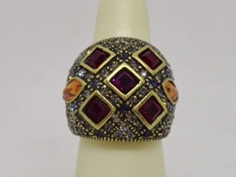 Signed Heidi Daus Colorful Clear Yellow Red Crystal Extra Wide Dome Band Ring