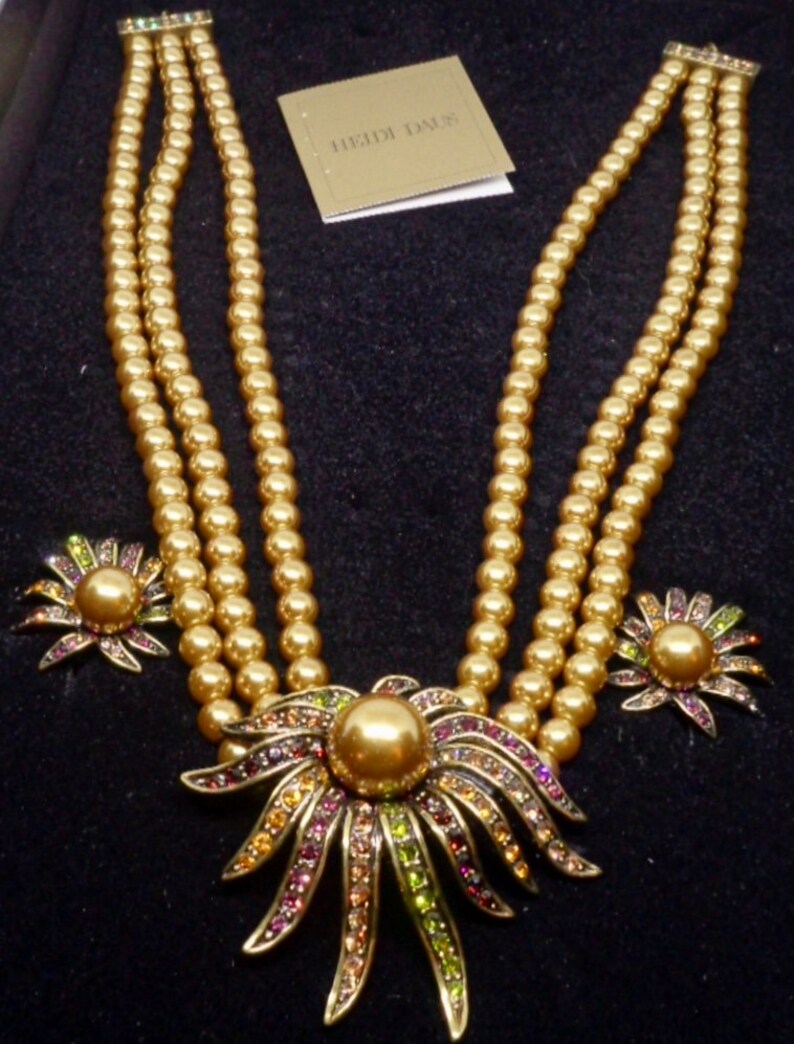 New Heidi Daus 3 Strand Champagne Pearl Crystal Necklace /& Clip-On Earrings w Box