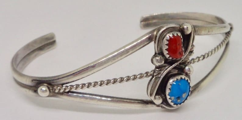 Navajo Sterling Silver Turquoise Coral Signed Betty Bitsie Cuff Bracelet