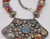 Tibetan Silver Natural Amethyst Carnelian Jade Multi-Stone Large Trial Necklace