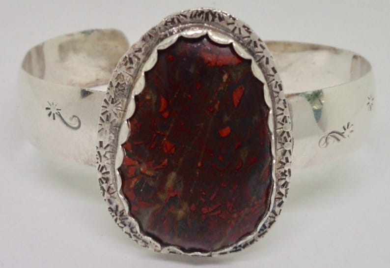 Navajo JR Sterling Silver Jasper Stamp Work Cuff Bracelet