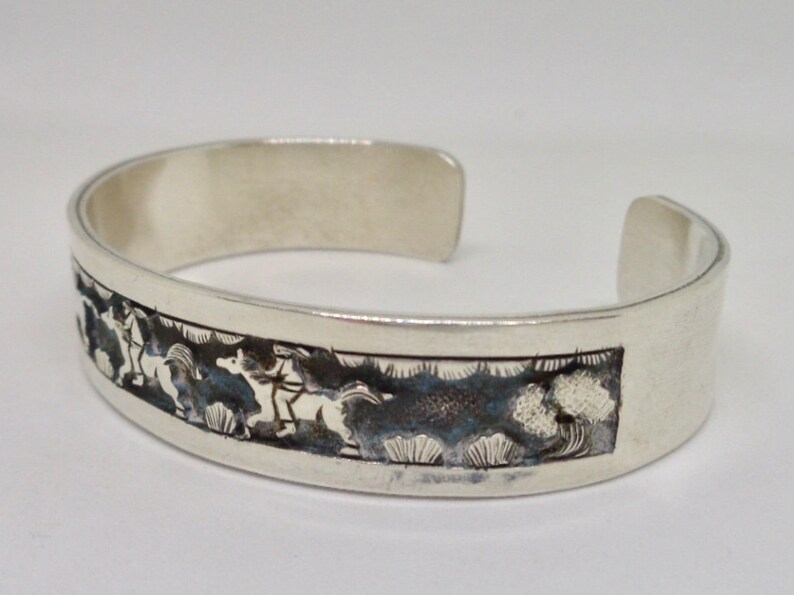Navajo Sterling Cowboy Horse Storyteller Betty Bitsie BB Cuff Bracelet