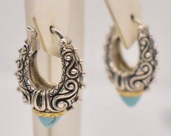 New Old Stock Barbara Bixby 18K Gold Sterling Silver Turquoise Hoop Earrings