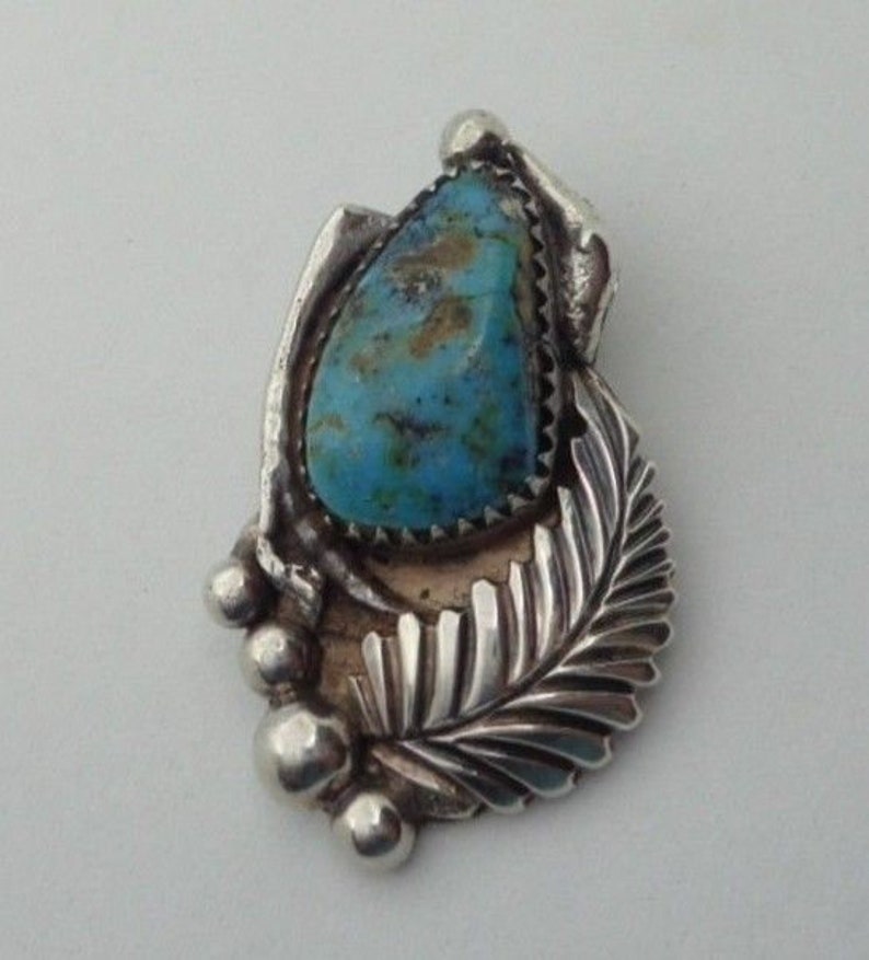 Designer Signed DH Navajo Sterling Silver Natural Turquoise Feather Pendant
