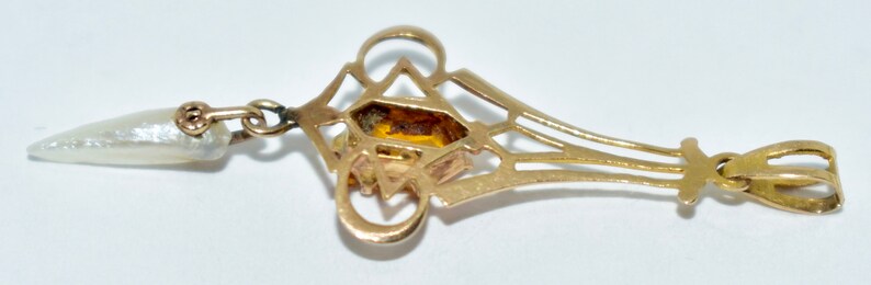 Antique 10K Citrine /& Houndstooth Pearl Lavaliere Pendant