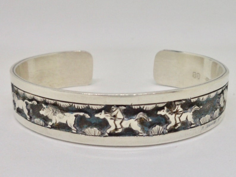 Navajo Sterling Cowboy Horse Storyteller Betty Bitsie BB Cuff Bracelet