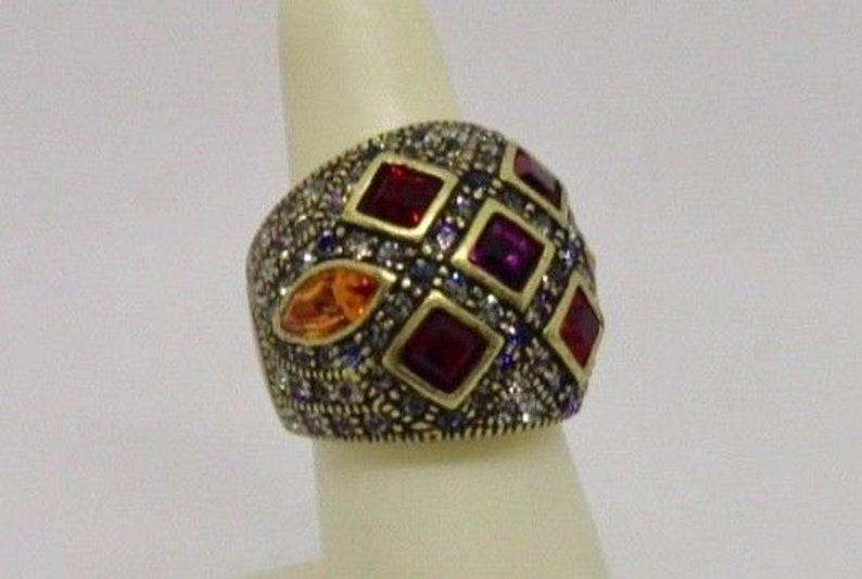 Signed Heidi Daus Colorful Clear Yellow Red Crystal Extra Wide Dome Band Ring