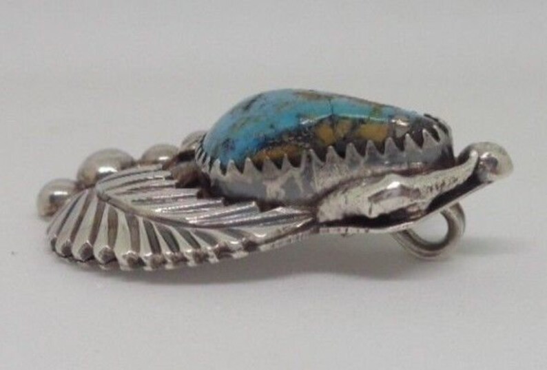 Designer Signed DH Navajo Sterling Silver Natural Turquoise Feather Pendant