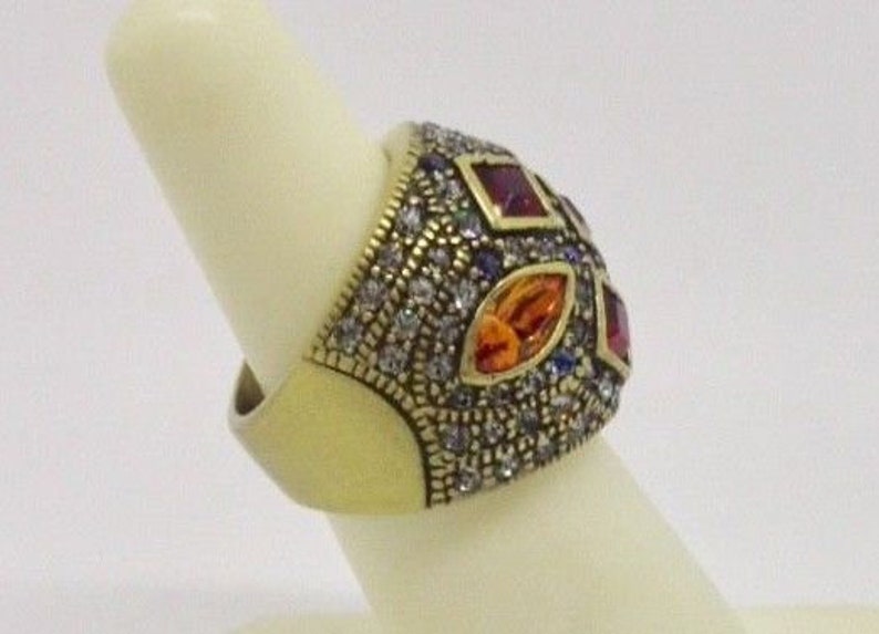 Signed Heidi Daus Colorful Clear Yellow Red Crystal Extra Wide Dome Band Ring