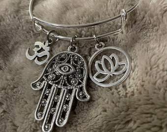 Namaste, lotus, hand of Fatima, Om silver color adjustable charm bracelet
