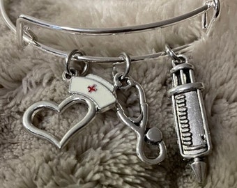 Nurse, heart, syringe, stethoscope SILVER color adjustable charm bracelet