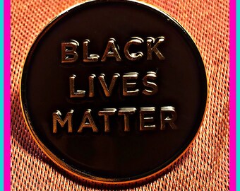 Black Lives Matter enamel button pin. Gold writing on black background/ Black History/ Black Owned