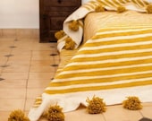 Beautiful Moroccan Pompom Blanket , Bed Cover White and Mustard Stripes