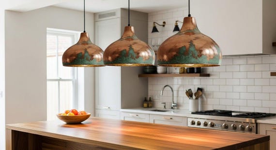 Set of 3 Oxidized Copper Dome Pendant Light, Handcrafted Green Patina Farmhouse Ceiling Fixture, Copper Pendant Light ,Oxidized Copper  Lamp