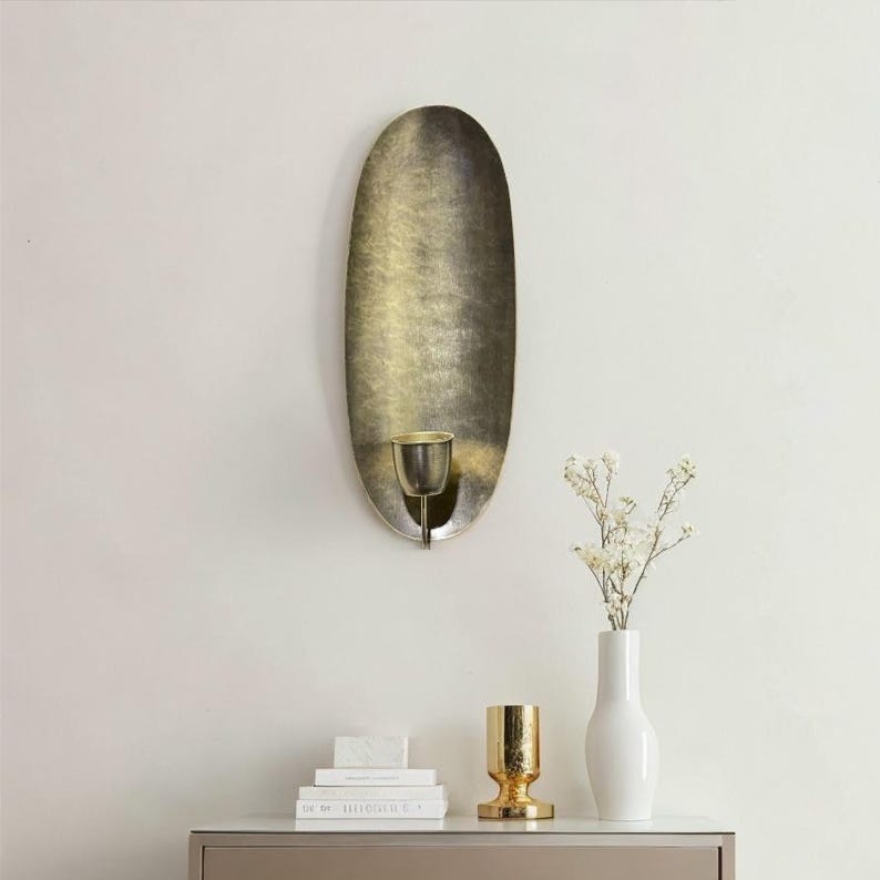 Oval Wall Sconce , Oval Brass Gold Leaf Candle Holder Wall Light, Moroccan Brass Wall Light Modern Design , Candle image 1