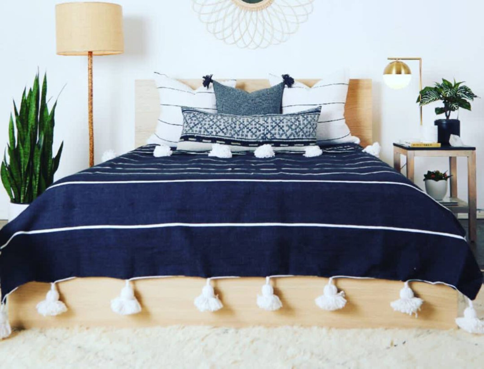 Moroccan Pom Pom Blanket - Blue & Silver main image 1