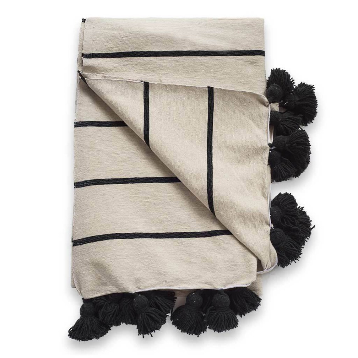 Cotton Moroccan Blanket Throw Pom Pom white and black stripes Etsy
