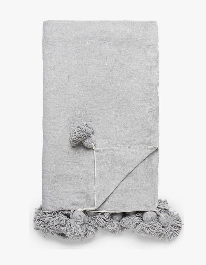Cotton Blanket Throw Pom Pom Gray Moroccan Pompom Bedspread Etsy