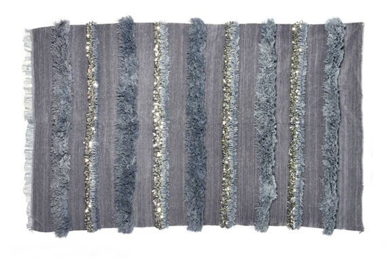 Moroccan Wedding Blanket Handira Gray With Metal Sequins, Handmade and