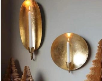 Set of 2 ,Round / Oval brass Gold Leaf Candlestick Holder Wall Sconce ,Candle sconce, Gift christmas