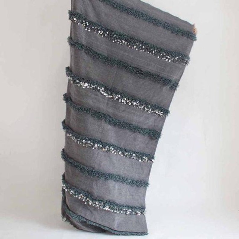 Moroccan Wedding Blanket Handira Gray With Metal Sequins, Handmade and