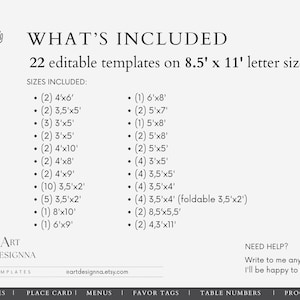 May include: A white background with the text "WHAT'S INCLUDED" and a list of 22 editable templates. The sizes include 4x6, 3.5x5, 3x5, 4x10, 4x8, 4x9, 3.5x2, 8x10, and 6x9 inches. The text also includes the Etsy shop name.