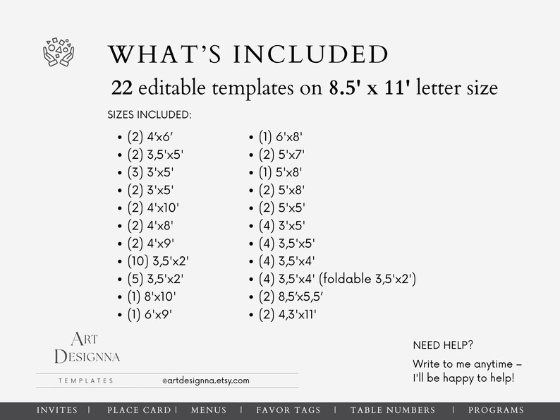 May include: A white background with the text "WHAT'S INCLUDED" and a list of 22 editable templates. The sizes include 4x6, 3.5x5, 3x5, 4x10, 4x8, 4x9, 3.5x2, 8x10, and 6x9 inches. The text also includes the Etsy shop name.