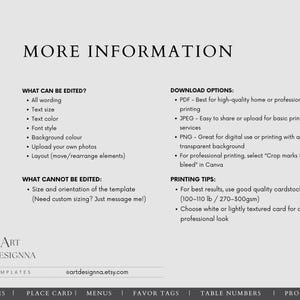 May include: A light gray informational graphic with the title "MORE INFORMATION". It lists editable and non-editable features of a template, download options, and printing tips. The Art Designna logo and Etsy shop URL are at the bottom.