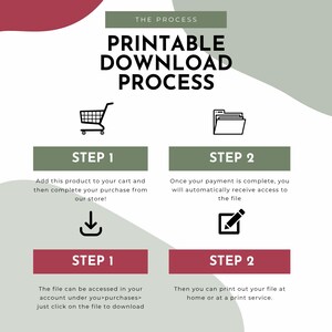 May include: Infographic detailing the printable download process. The steps include adding a product to the cart, completing the purchase, accessing the file, and printing it. The text is in black, with green and burgundy accents.