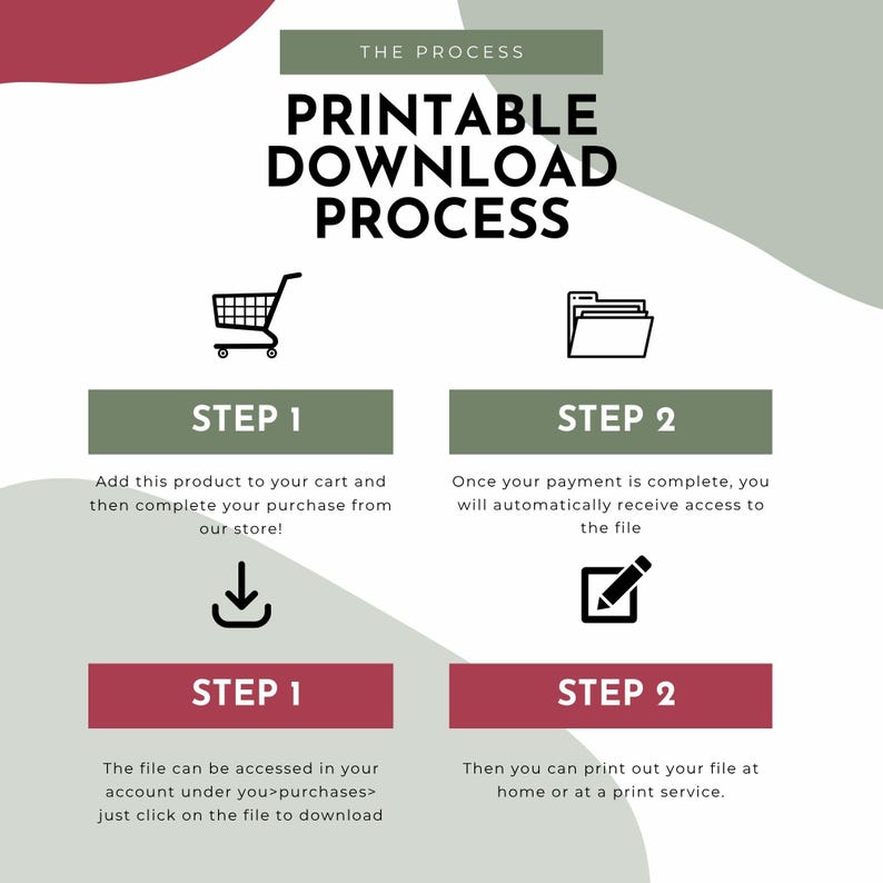 May include: Infographic detailing the printable download process. The steps include adding a product to the cart, completing the purchase, accessing the file, and printing it. The text is in black, with green and burgundy accents.