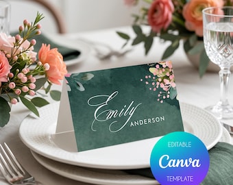 Moody Green Place Card Template: Wedding, Dinner Party Name Tag (Canva Digital Download)