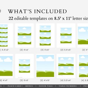 May include: A white background displays 22 editable templates in various sizes, including 3.5'x2', 4'x6', and 3'x5'. Each template features a landscape design with blue skies, white clouds, and green hills. Text at the top reads "WHAT'S INCLUDED".