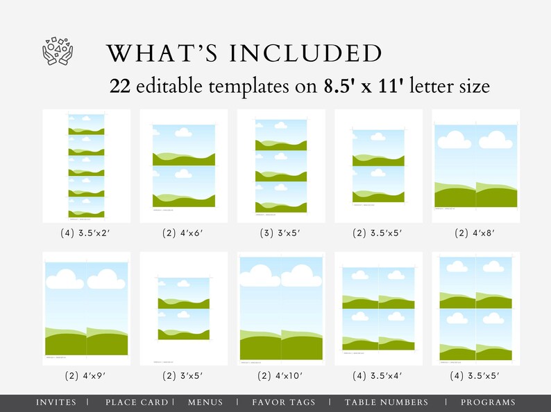 May include: A white background displays 22 editable templates in various sizes, including 3.5'x2', 4'x6', and 3'x5'. Each template features a landscape design with blue skies, white clouds, and green hills. Text at the top reads "WHAT'S INCLUDED".