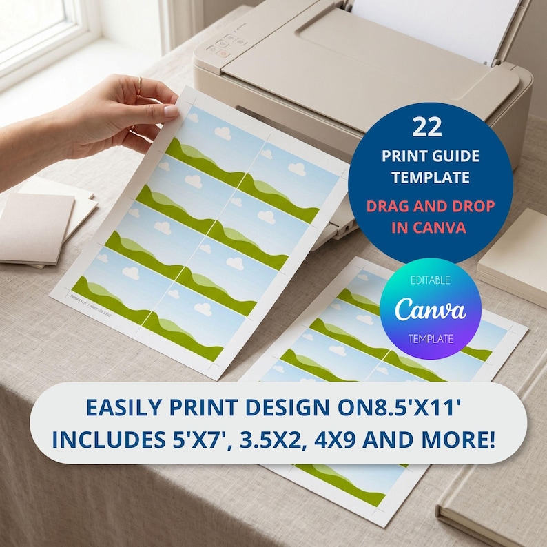 May include: A person holds a sheet of printed labels with a landscape design. The image includes a printer, and text that reads "22 Print Guide Template, Drag and Drop in Canva, Easily Print Design on 8.5'x11'" and includes various sizes.