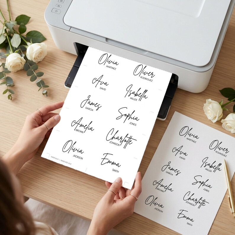 May include: A white printer printing sheets of personalized name labels in black script. The names include Olivia, Ava, James, Amelia, and others. A second sheet of labels and a pen are on the table. White roses and greenery are also visible.