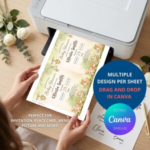 May include: A printed baby shower invitation template with a watercolor design featuring bunnies and floral elements. The invitation includes the text "Baby Shower" and the name "Olivia Smith". The design is suitable for multiple uses.