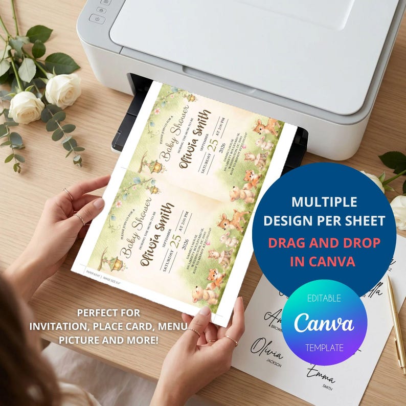 May include: A printed baby shower invitation template with a watercolor design featuring bunnies and floral elements. The invitation includes the text "Baby Shower" and the name "Olivia Smith". The design is suitable for multiple uses.