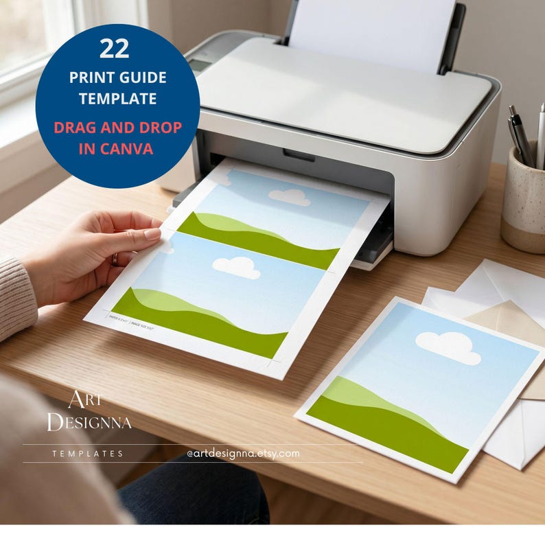 May include: A white printer printing a landscape design template. The template features a blue sky, green hills, and white clouds. Text on the image reads "22 Print Guide Template Drag and Drop in Canva". The image also includes the text "Art Designna Templates @artdesignna.etsy.com".