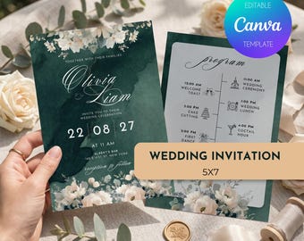 Rustic and floral wedding invitation template, single-page CANVA green and white rose elegant