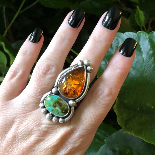 Sterling Silver, Baltic Amber & Royston Turquoise Statement Ring - Size 7.5 - 7.75