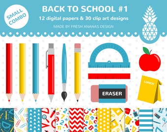 Small Combo: Back To School #1, School Digital Paper + Back To School Clipart, School, Teacher, Classroom, Clipart, Stripe, Paper, SVG, Blue