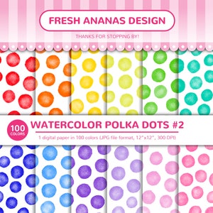 100 色のデジタル ペーパー: 水彩水玉模様 #2、アクアレル、グアッシュ、背景、レインボー、印刷可能、JPG、スクラップブッキング、デジタル ペーパー