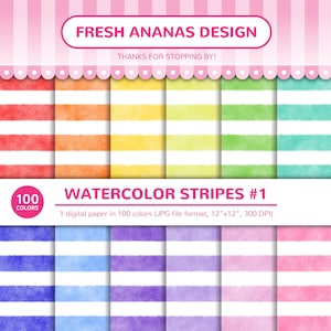 100 Farben Digitale Papiere: Watercolor Stripes #1, Aquarell, Gouache, Hintergrund, Regenbogen, Printable, JPG, Scrapbooking, Digitales Papier