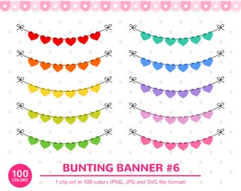 100 Colors Clip Art: Bunting Banner #6, Heart Bunting, Hearts, Valentine, Bunting Clip Art, Banner Clipart, Planner Clipart, Banner, Bunting