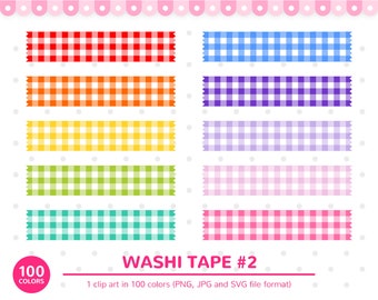 100 colori Clip Art: Washi Tape n. 2, Washi Tape a quadretti, quadretti, Washi, Nastro, Arcobaleno, Clipart, Clipart per planner, Stampabile, Adesivi, SVG