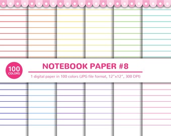 100 Colors Digital Papers: Notebook Paper #8, Lined, Ruled, Feint, School, Stripes, Printable, JPG, Scrapbooking, Digital Paper