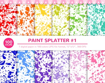 100 Colors Digital Papers: Paint Splatter #1, Paint, Splash, Stain, Spray, Rainbow, Printable, JPG, Scrapbooking, Digital Paper