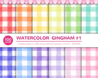 100 Colors Digital Papers: Watercolor Gingham #1, Aquarelle, Gouache, Background, Rainbow, Printable, JPG, Scrapbooking, Digital Paper